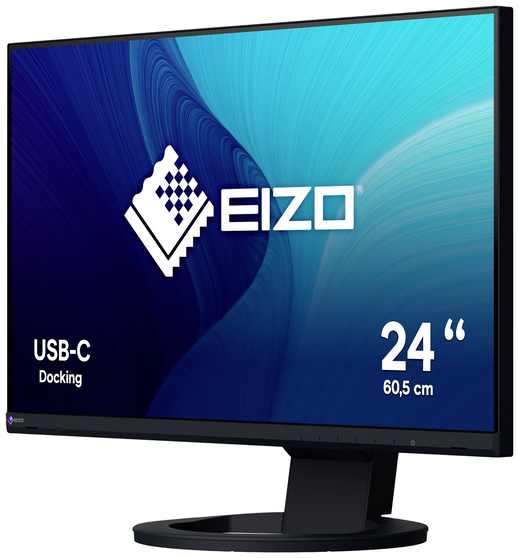 Monitor s USB-C dokovací funkcí, 24 palců (60,5 cm) úhlopříčka obrazovky, zobrazující logo EIZO na modro-zeleném pozadí.