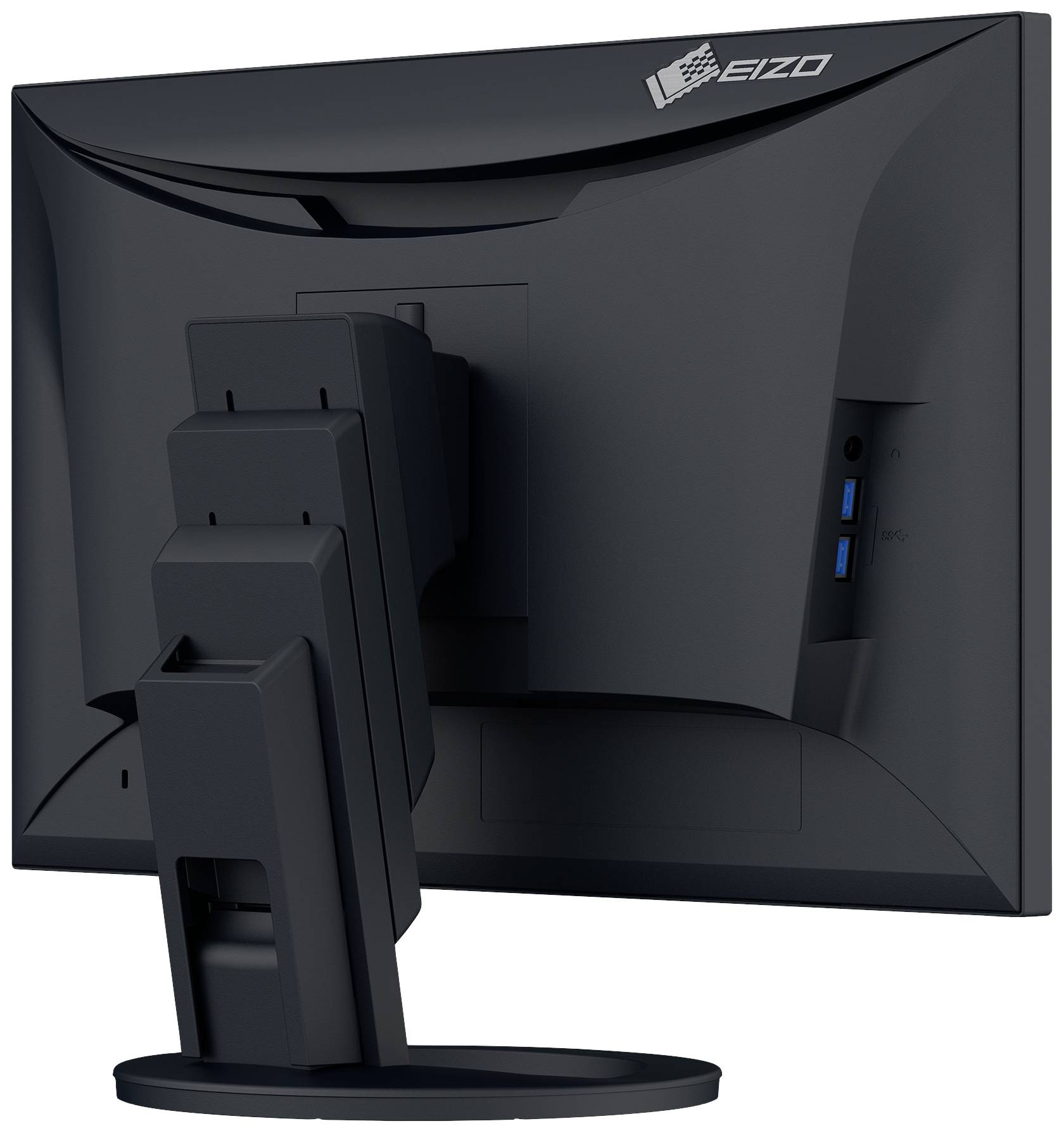 Černý počítačový monitor viděný zezadu. Má stabilní podstavec, otočný displej a dva USB porty po straně.