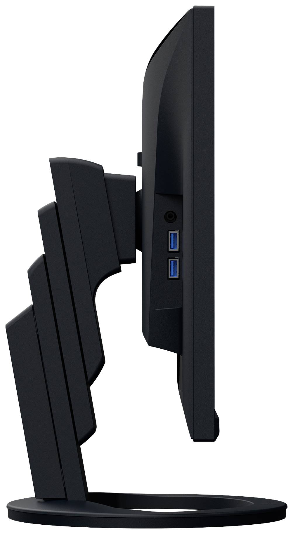 Plochý monitor zobrazený z boku s nastavitelným stojanem a dvěma viditelnými USB porty na straně.