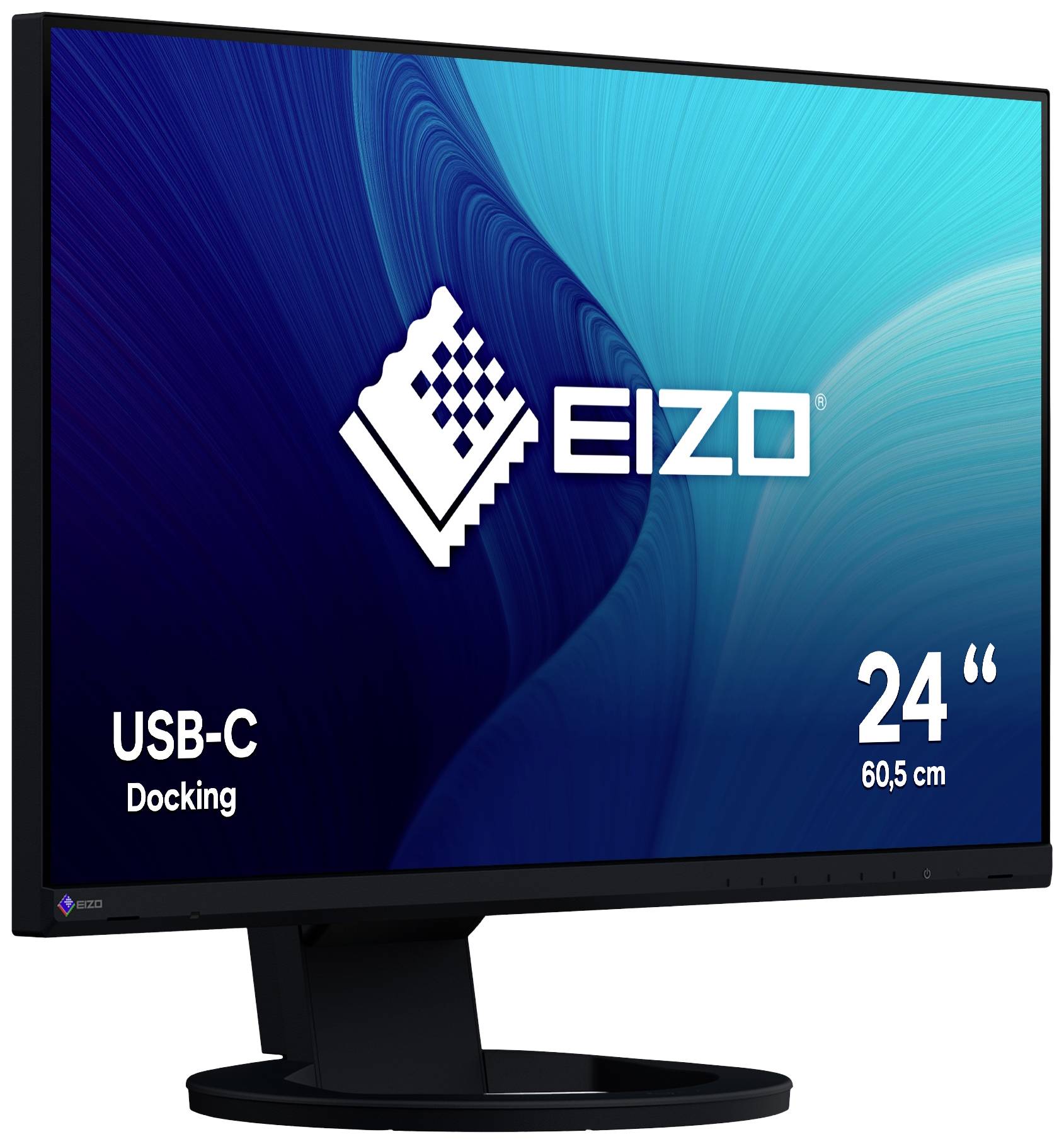 Počítačový monitor Eizo s úhlopříčkou 24 palců zobrazuje logo a text 'USB-C Docking' na pozadí v modrých a tyrkysových tónech.