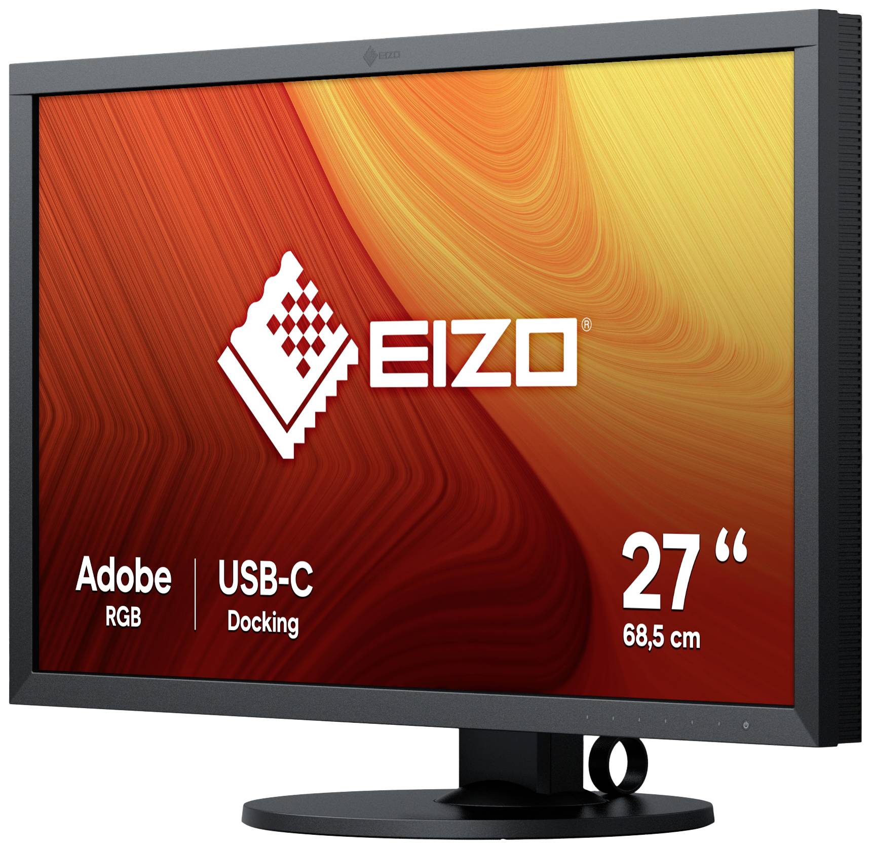 27palcový monitor EIZO s barevným prostorem Adobe RGB a USB-C dokovací stanicí, displej v jasném červeno-oranžovém tónu.