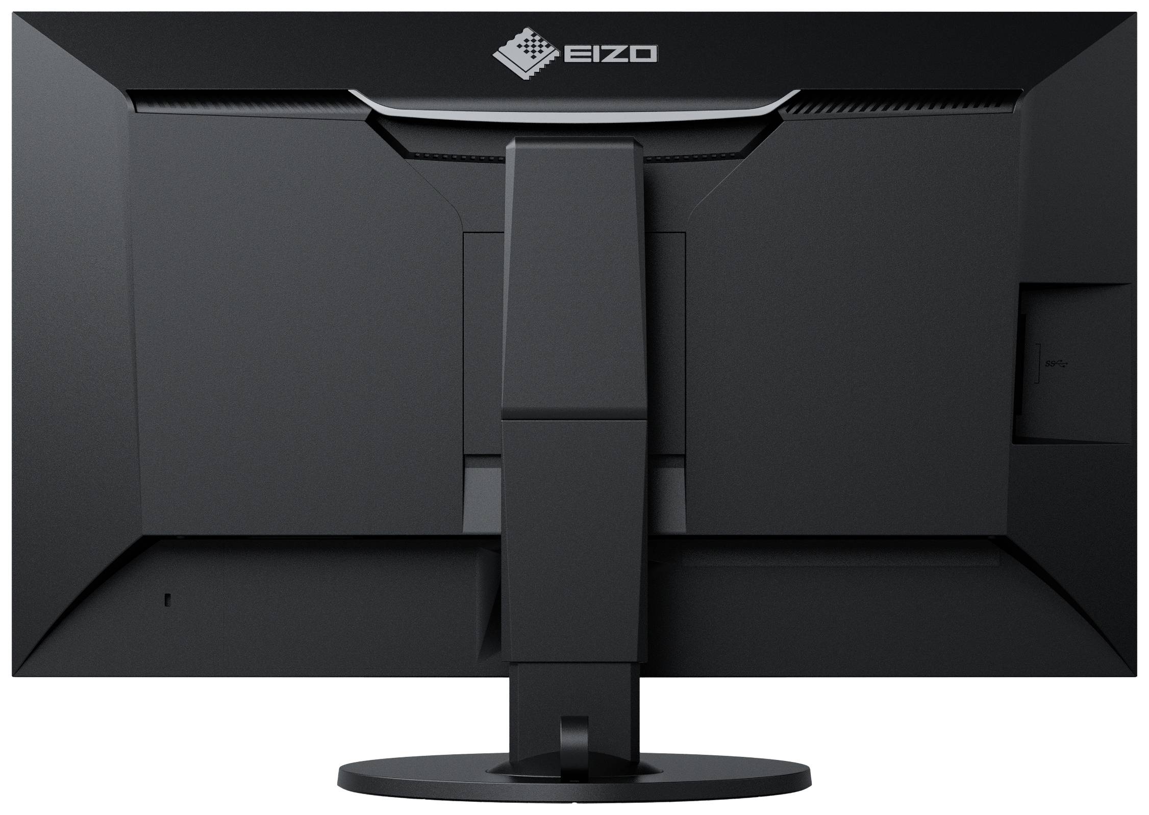 Monitor ukazuje zadní stranu černého monitoru Eizo s obdélníkovým stojanem a kabelovými vstupy.