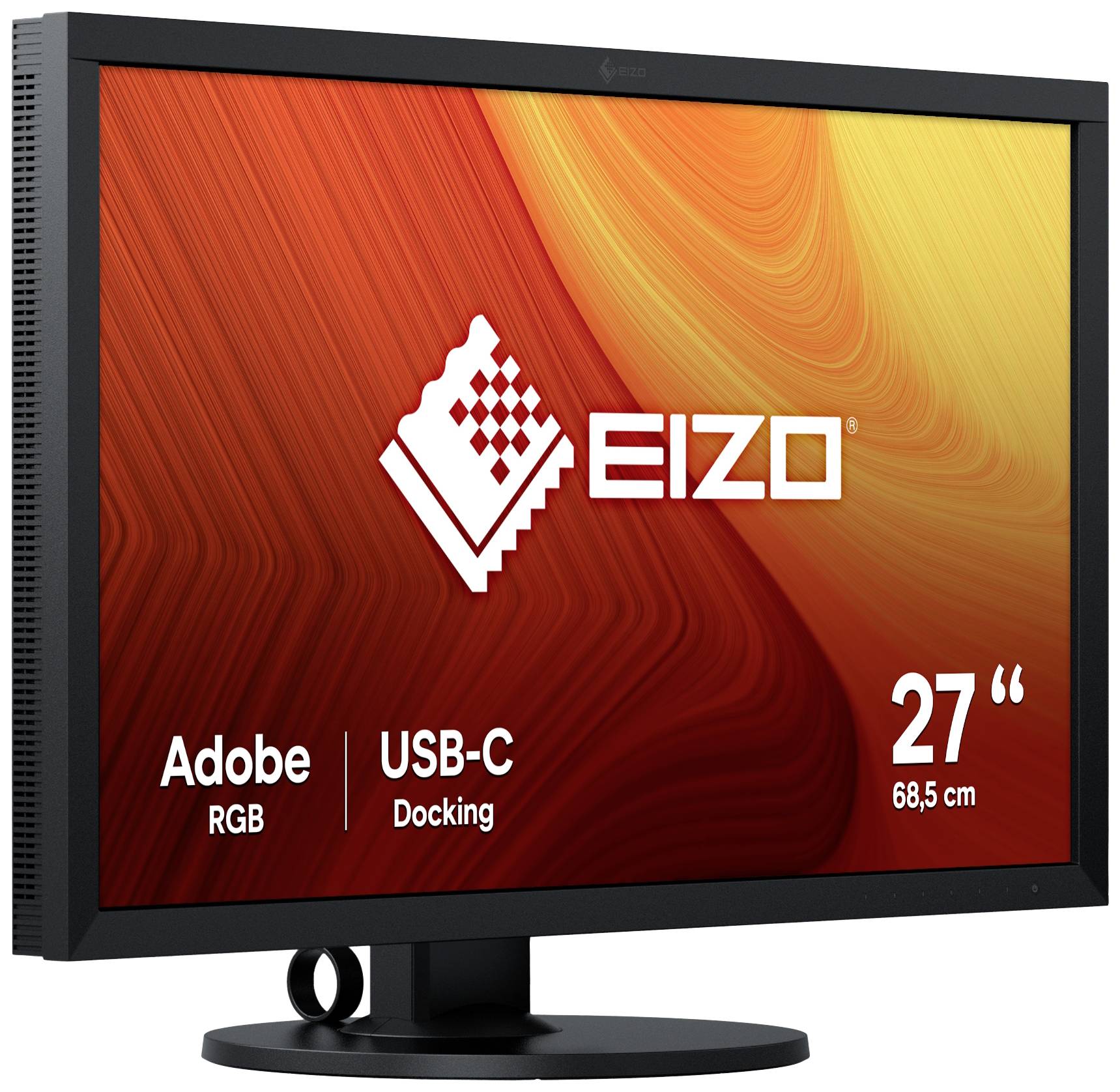 Monitor s 27palcovou (68,5 cm) obrazovkou. Displej zobrazuje logo EIZO, 'Adobe RGB' a 'USB-C Docking'.