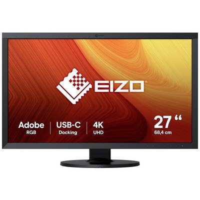 Monitor s červeno-oranžovým pozadím zobrazuje uprostřed nápis 'EIZO'. Vlevo dole jsou uvedeny údaje 'Adobe RGB', 'USB-C Docking', '4K UHD' a vpravo '27" 68,4 cm'.