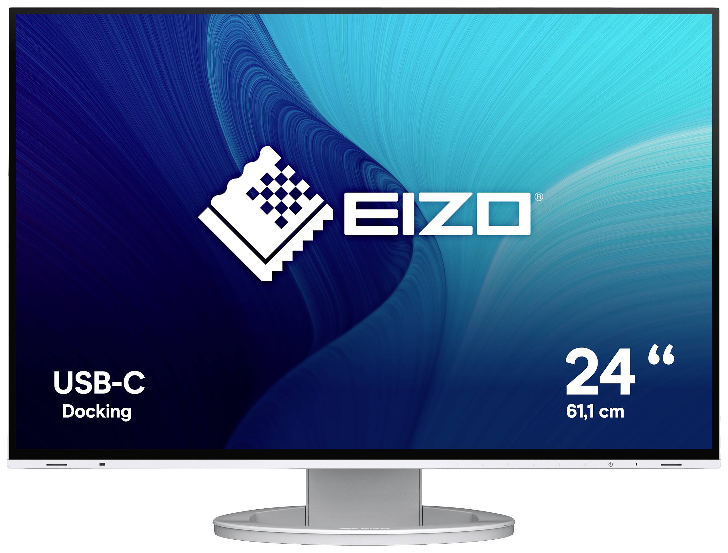 Monitor s logem EIZO, 24palcový displej, USB-C dokovací stanice.