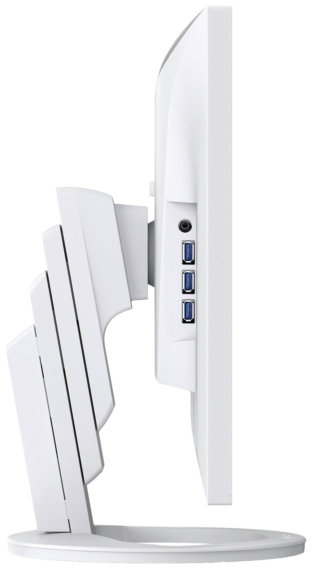 Boční pohled na bílý počítačový monitor s USB porty na zadní straně a nastavitelným stojanem s výškovou regulací.
