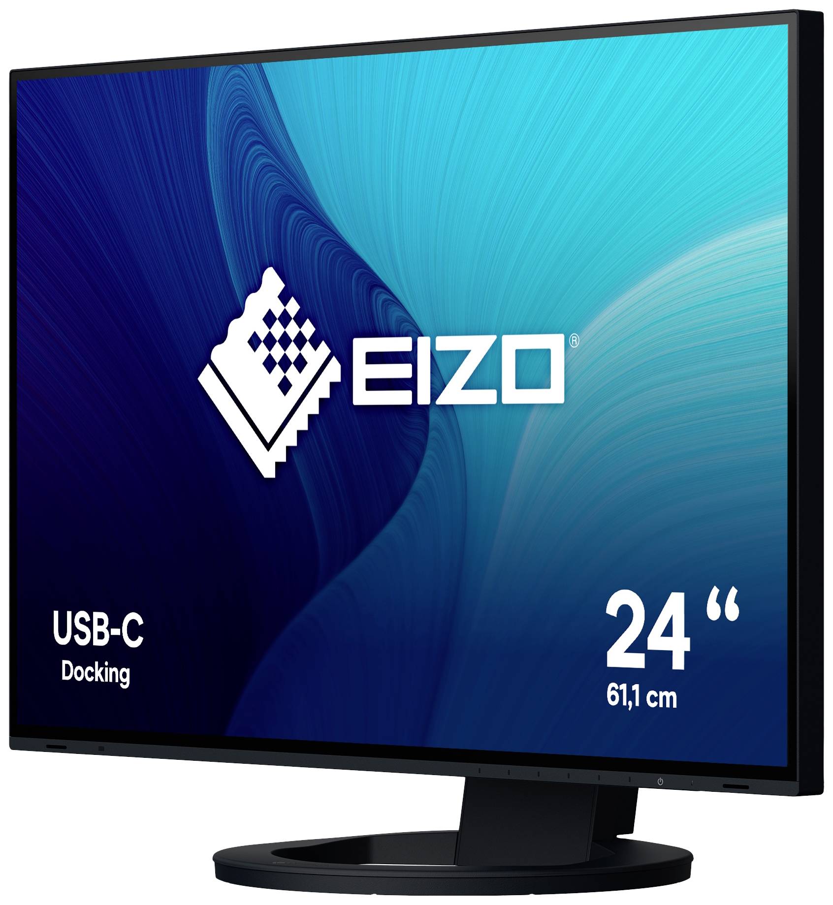 Počítačový monitor s nápisem 'EIZO' zobrazuje velikost 24 palců (61,1 cm) a nabízí USB-C dokovací stanici. Pozadí je v modro-zelených tónech.