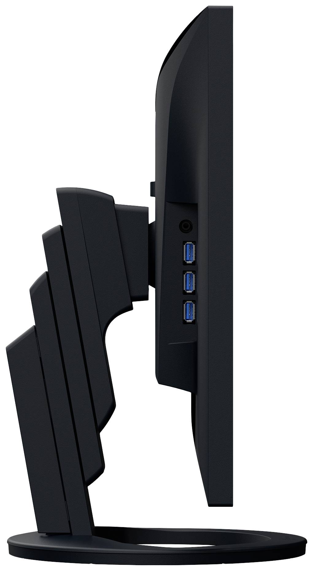 Černý počítačový monitor pohledem z boku s několika USB porty na pravé zadní straně.