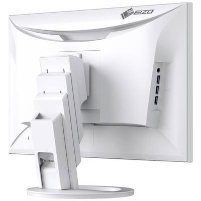 Zadní pohled na bílý monitor s nastavitelným stojanem a několika USB porty.