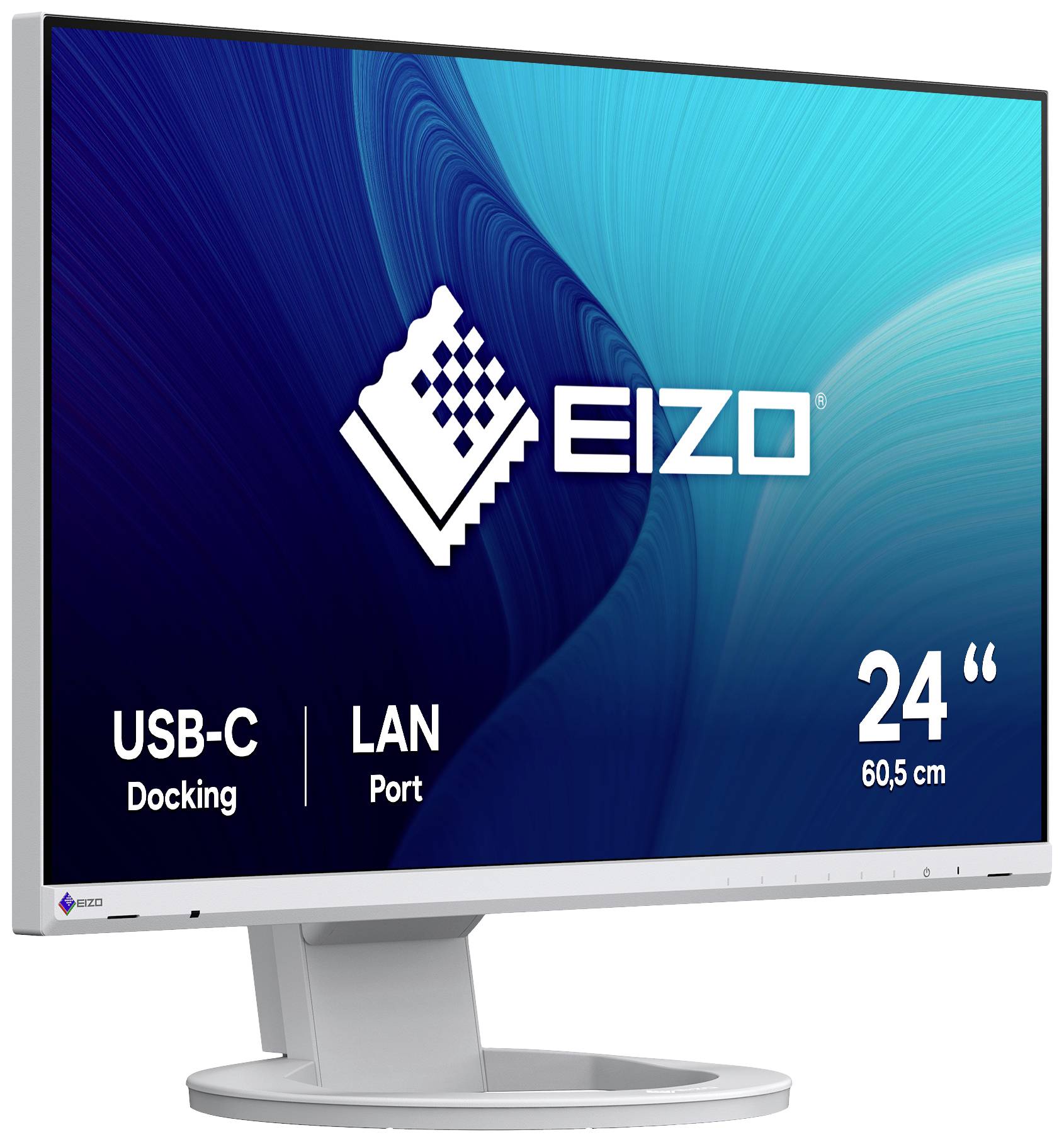 Počítačový monitor s nápisem 'EIZO' na modrém pozadí. Text 'USB-C Docking', 'LAN Port' a '24" 60,5 cm'.