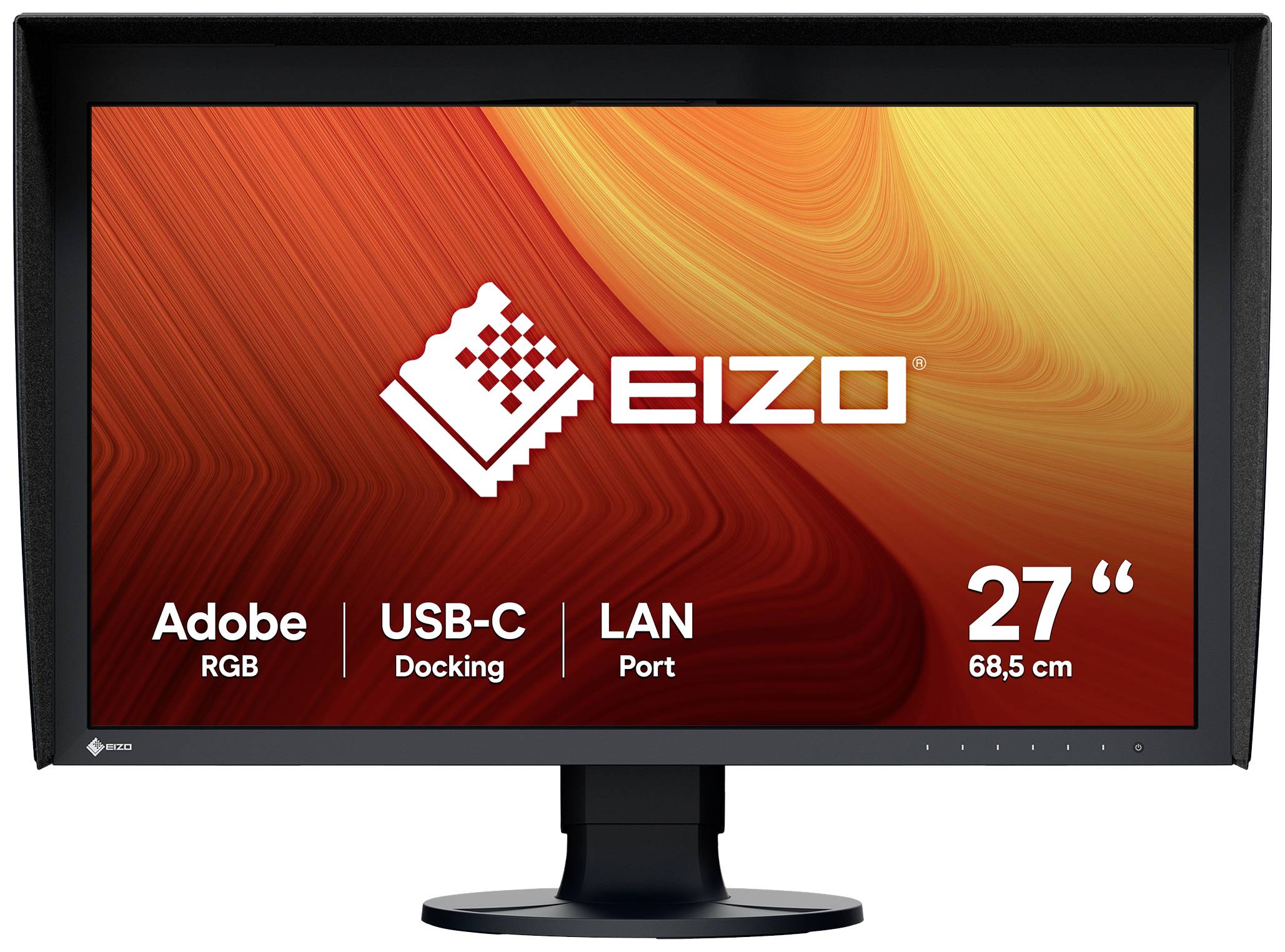 Černý monitor s barevnou obrazovkou zobrazuje logo 'EIZO' a nápis 'Adobe RGB, USB-C Dock, LAN port, 27 palců'.