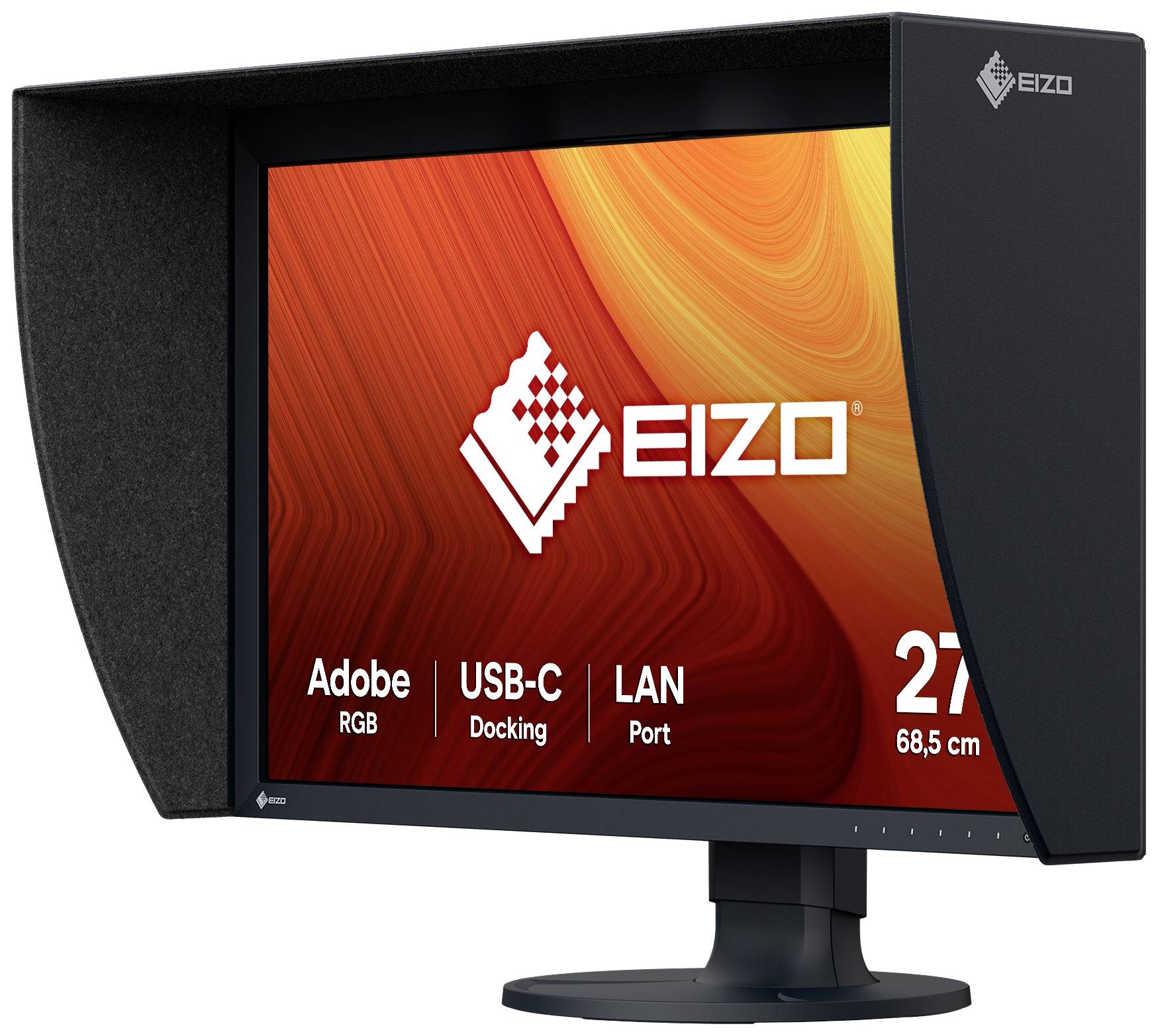 Počítačový monitor s logem EIZO na obrazovce zobrazuje různé funkce, včetně Adobe RGB, USB-C dockingu a LAN portu; úhlopříčka obrazovky je 27 palců.