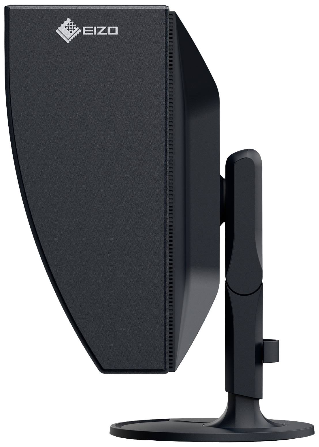 Boční pohled na černý počítačový monitor umístěný na stojanu, logo 'EIZO' v levém horním rohu.
