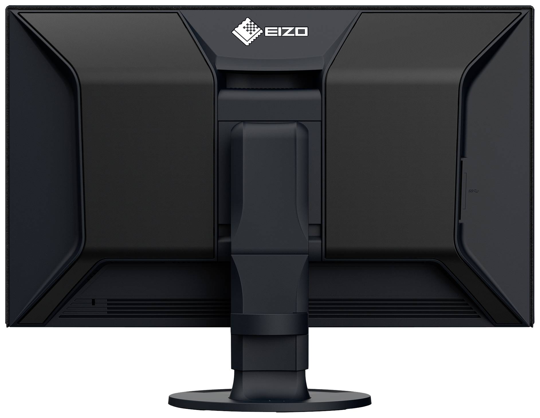 Černošedý počítačový monitor zezadu, s pevnou podstavou a nastavitelnou výškou. Označení 'EIZO' nahoře.