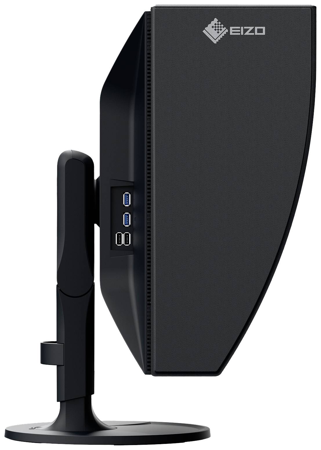 Boční pohled na černý počítačový monitor na stojanu, s USB porty po straně.