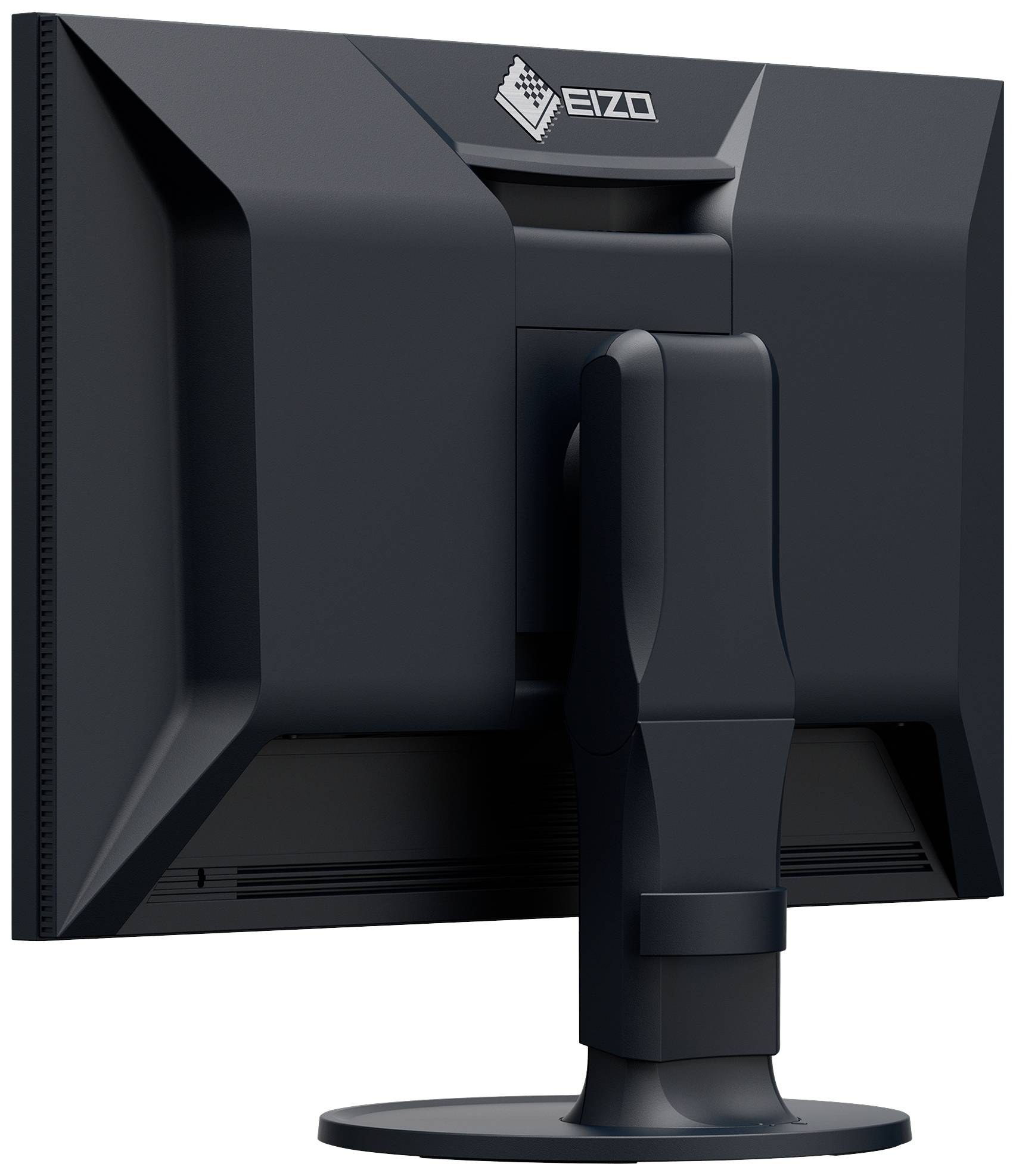 Zadní pohled na černý počítačový monitor značky 'EIZO' s nastavitelným stojanem, umístěný na stole.
