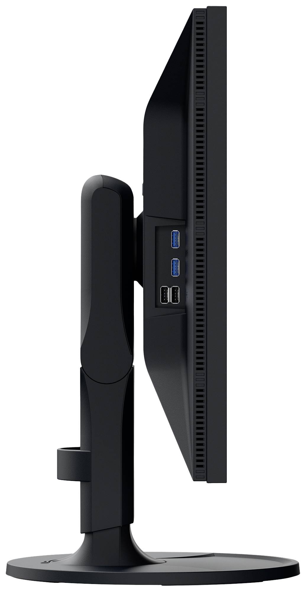 Boční pohled černého počítačového monitoru s USB porty na zadní straně displeje.