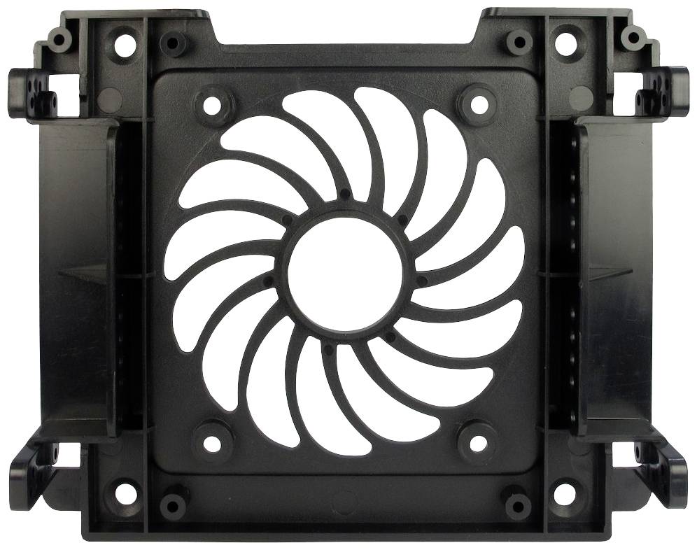 Černý rám ventilátoru se spirálovitým designem uprostřed, vhodný pro montáž do technických zařízení.
