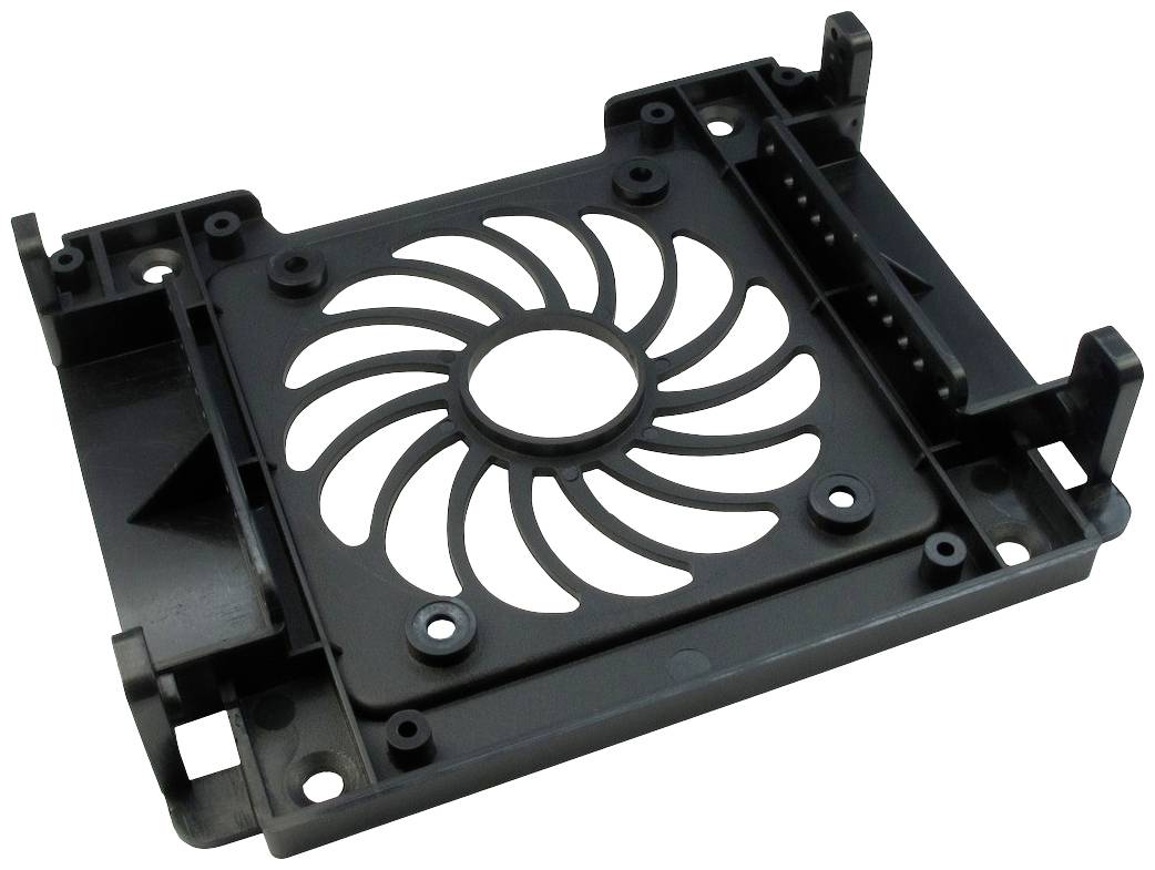 Černý plastový rámeček ventilátoru se spirálovitou mřížkou, vhodný pro počítačové komponenty.