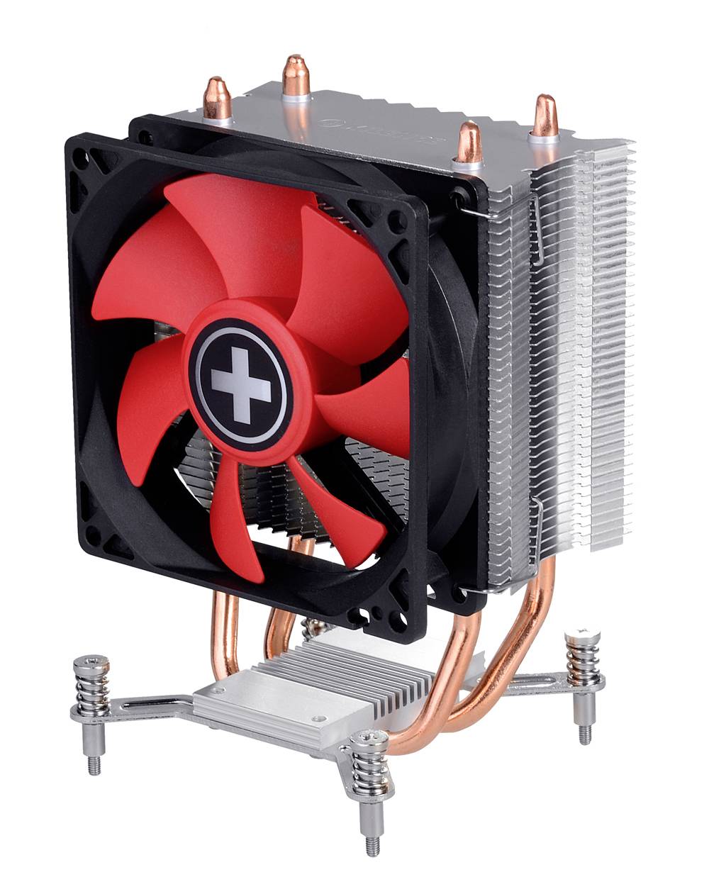 Chladič CPU s červeným ventilátorem, měděnými tepelnými trubkami a hliníkovými vrstvami. Vhodný pro chlazení počítačových procesorů.