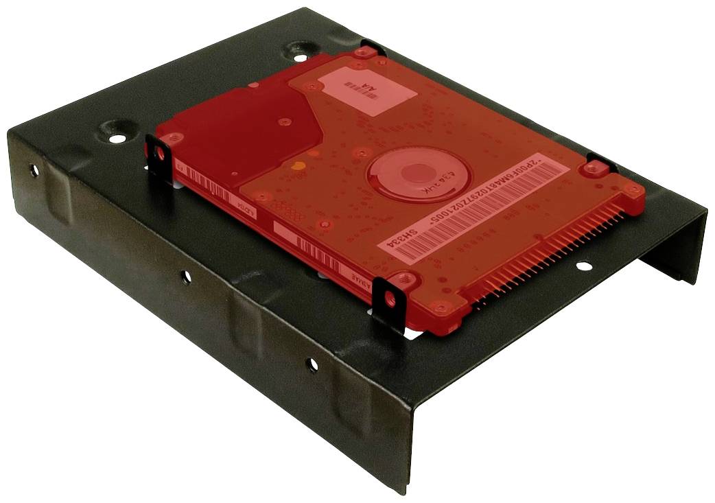 Červený pevný disk v černém montážním rámu, vhodný pro instalaci do počítače nebo externího šasi.