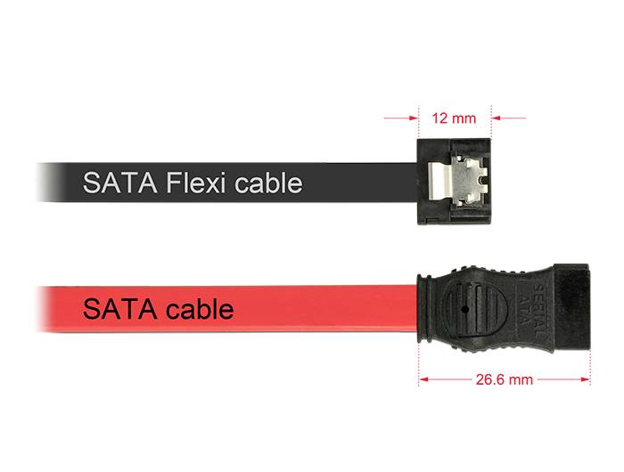 Dva SATA kabely: nahoře černý, flexibilní SATA kabel o šířce 12 mm; dole červený, široký SATA kabel o šířce 26,6 mm.