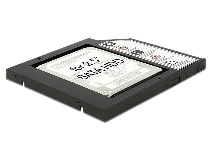 Adaptér caddy pro 2,5palcové SATA pevné disky, který lze nainstalovat do prostoru optické mechaniky notebooku.