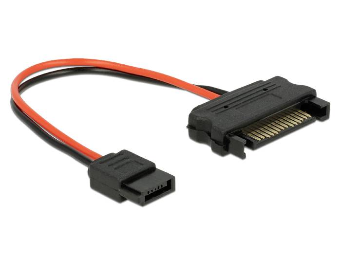 Kabel se SATA konektorem, černooranžové barvy, určené pro připojení úložných zařízení k základní desce nebo řadiči.