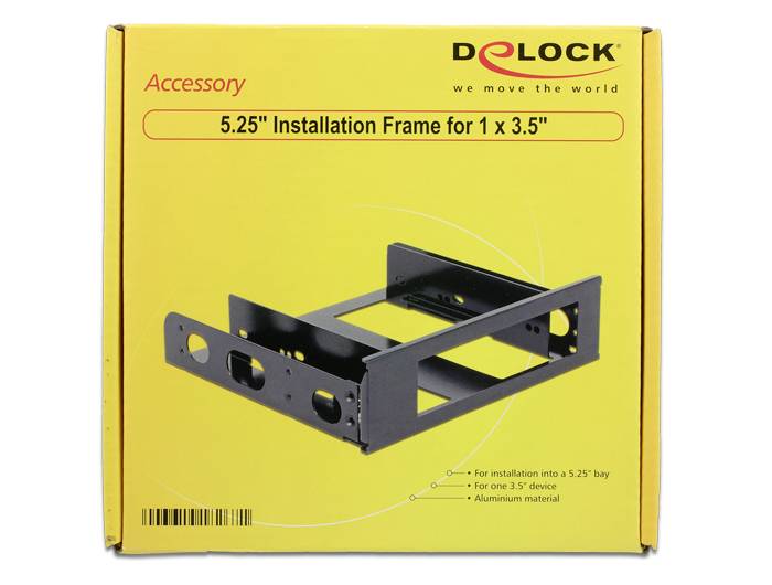'DeLOCK montážní rámeček 5,25" pro 1 x 3,5" jednotku' zobrazený na žluté krabici. Obsahuje informace o kompatibilitě a údaje o materiálu.