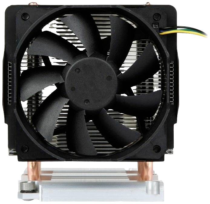 Černý počítačový procesorový ventilátor s osmi rotačními listy namontovaný na chladiči procesoru, viditelné jsou měděné trubky a připojovací kabely.