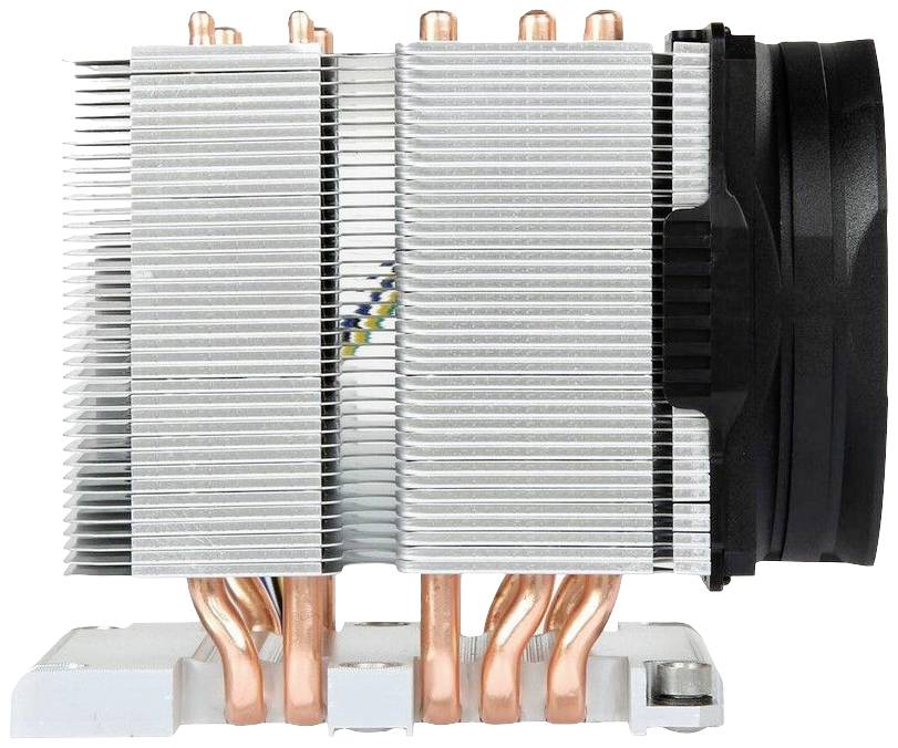 Chladič z hliníku s měděnými trubkami a černým ventilátorem, navržený pro chlazení počítačových procesorů.