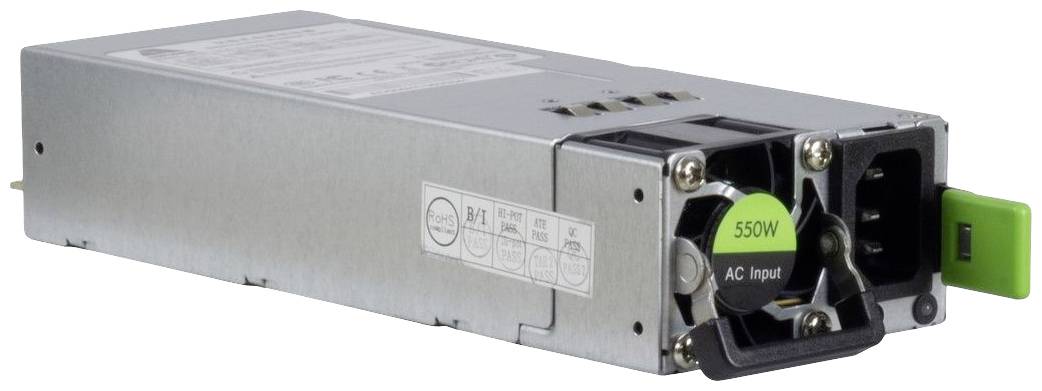 Stříbrně zbarvený 550W napájecí zdroj s ventilátorem a zelenými akcenty, používaný pro serverový hardware; zobrazuje vstupní a výkonnostní specifikace.