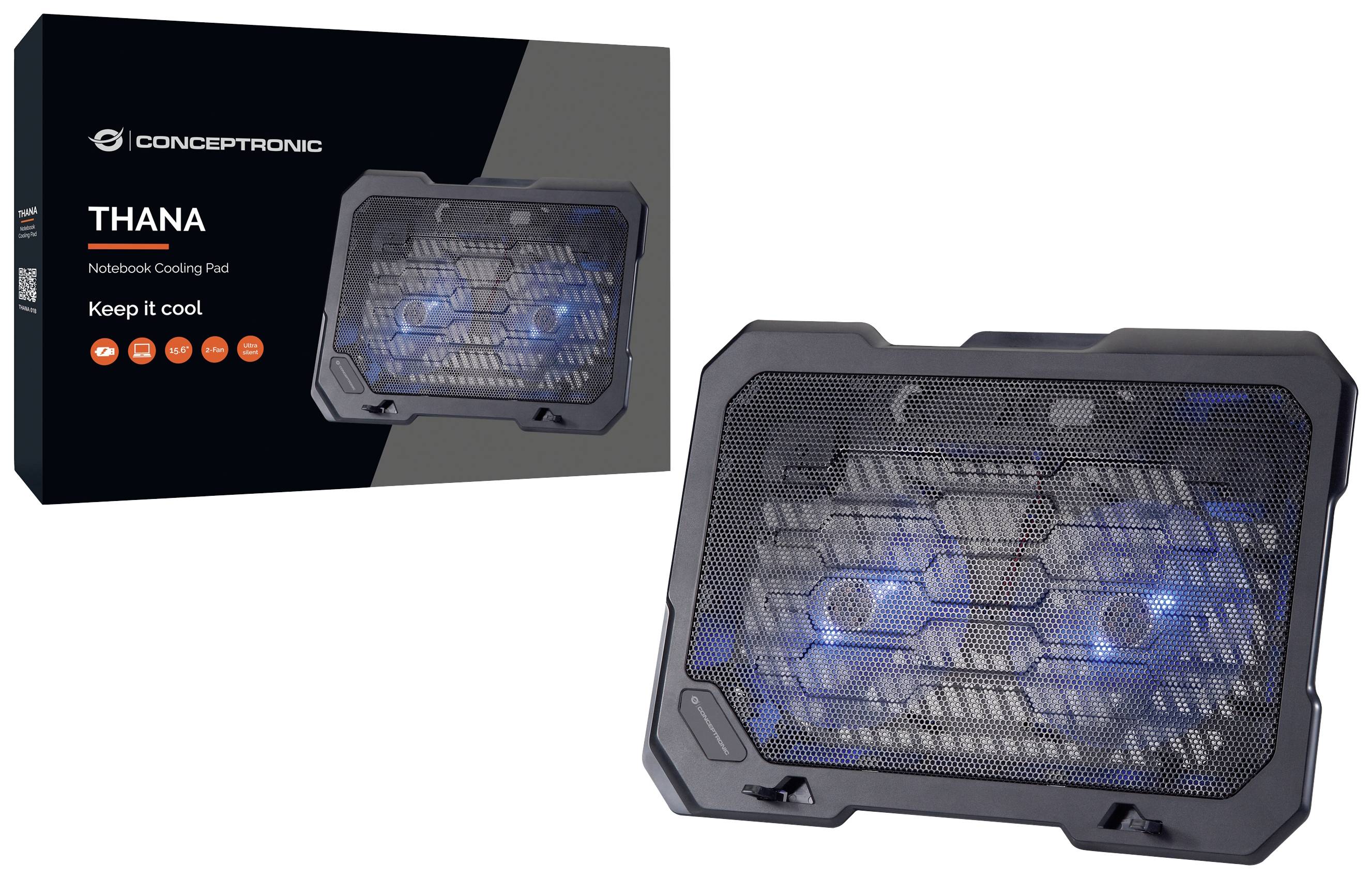 Chladicí podložka pro notebooky Conceptronic THANA, jak je zobrazeno na obalu. Hlavní charakteristika: dva osvětlené ventilátory pro chlazení.