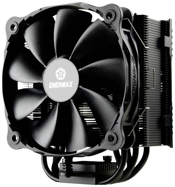 Černý procesorový ventilátor značky Enermax, vhodný pro chlazení počítačových procesorů. Chladič je vyroben z tmavě šedého kovu.