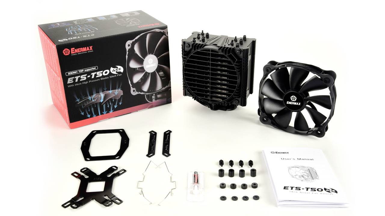 Obrázek chladiče a ventilátorové sady Enermax ETS-T50. Obsahuje chladič, ventilátor, montážní díly a manuál.