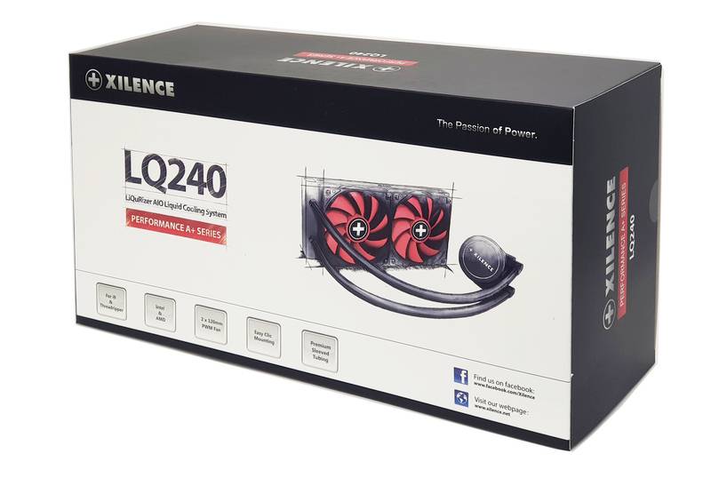 Obal vodního chlazení Xilence LQ240 pro počítač, zobrazující produkt se dvěma ventilátory a hadicemi.