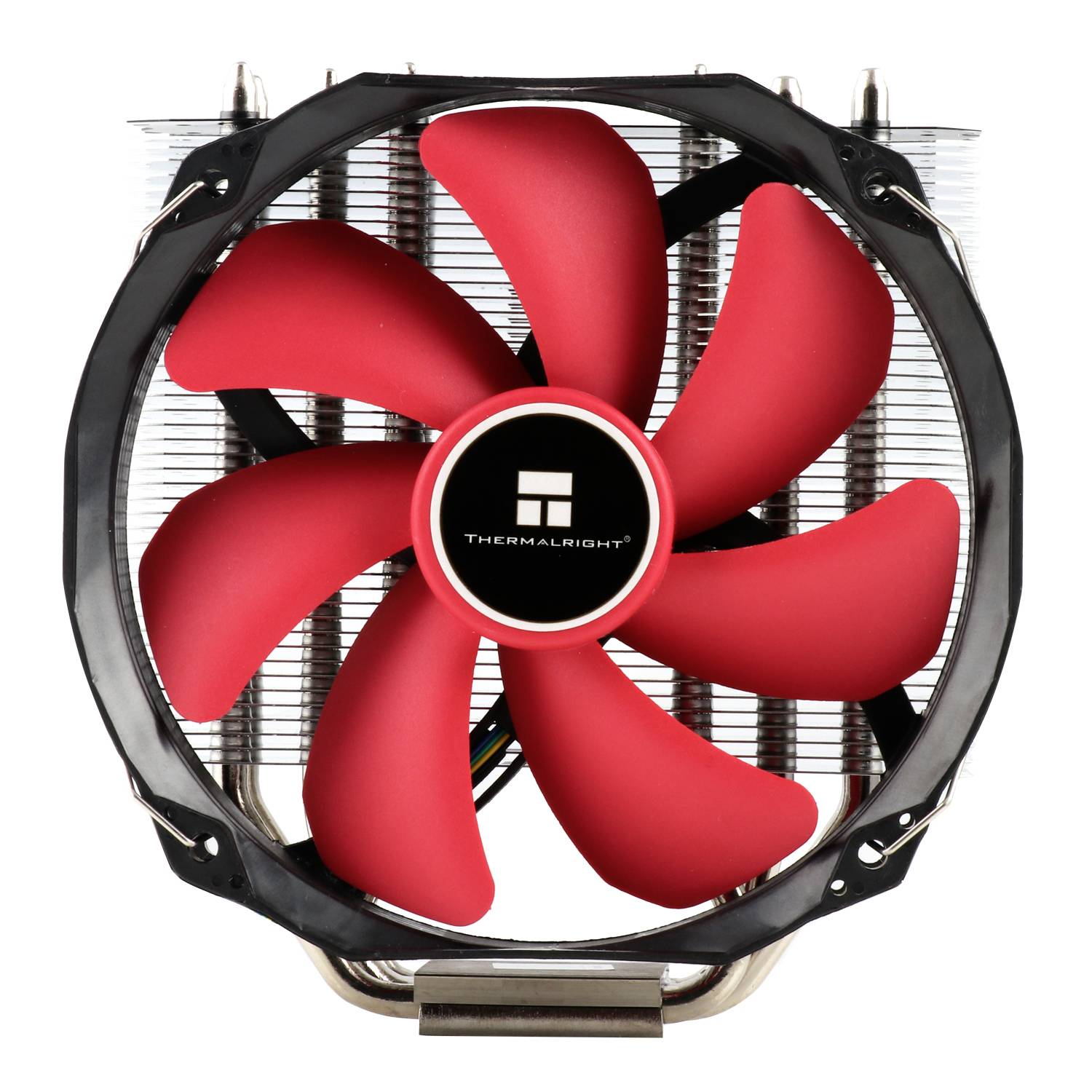 Červený počítačový ventilátor s pěti lopatkami, centrálně umístěný na chladiči se stříbrnými lamelami, označený nápisem 'Thermalright'.