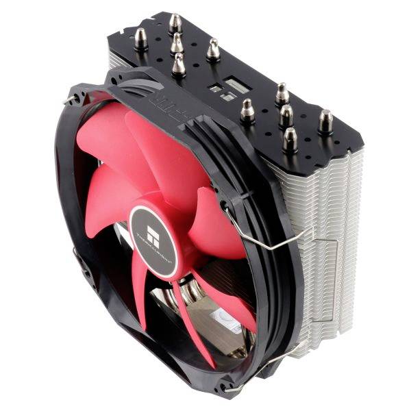 Chladič CPU s velkými červenými ventilátory a stříbrným chladičem, vhodný pro chlazení počítačové hardware.