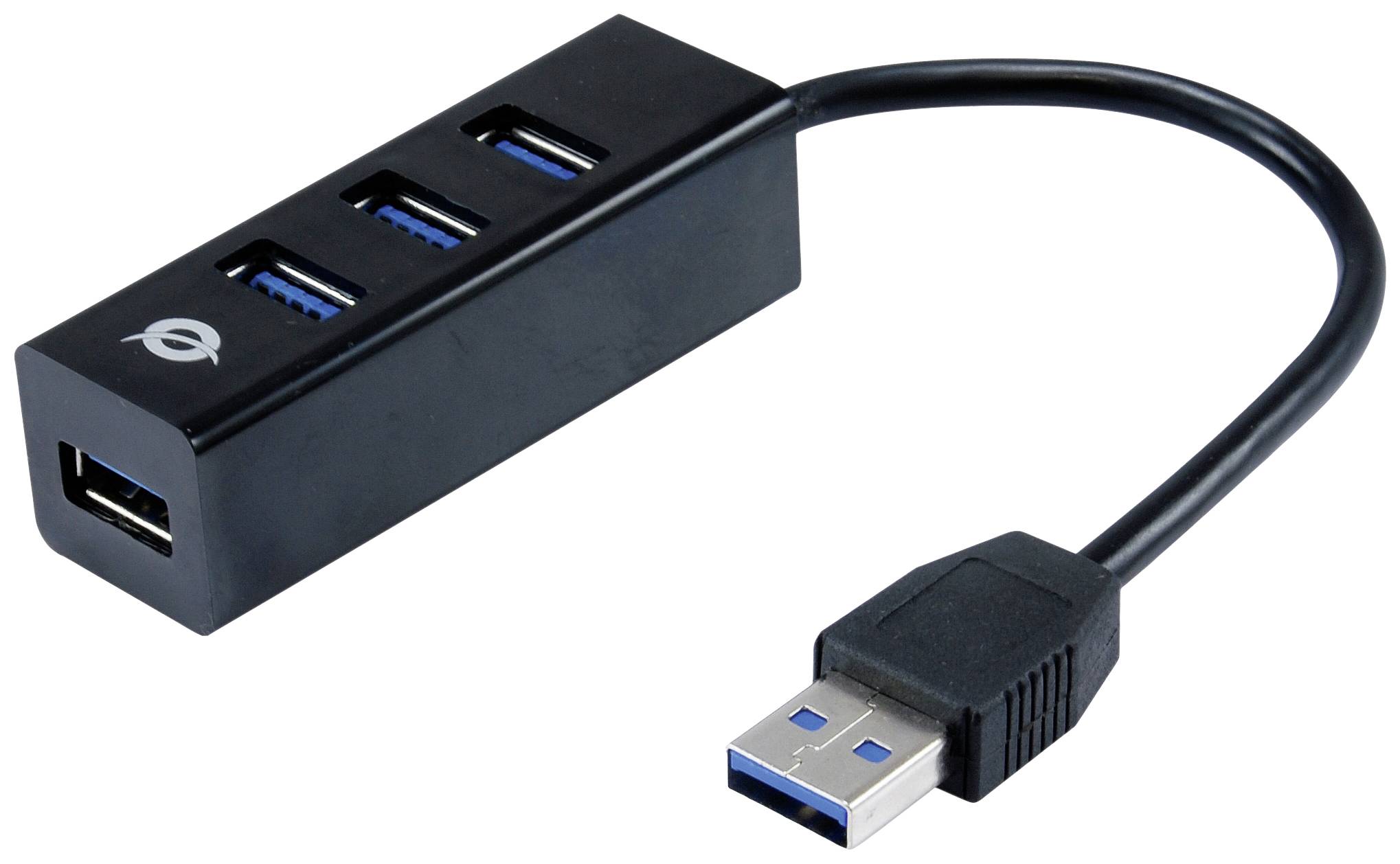 Černý USB hub se třemi USB 3.0 porty a krátkým kabelem.