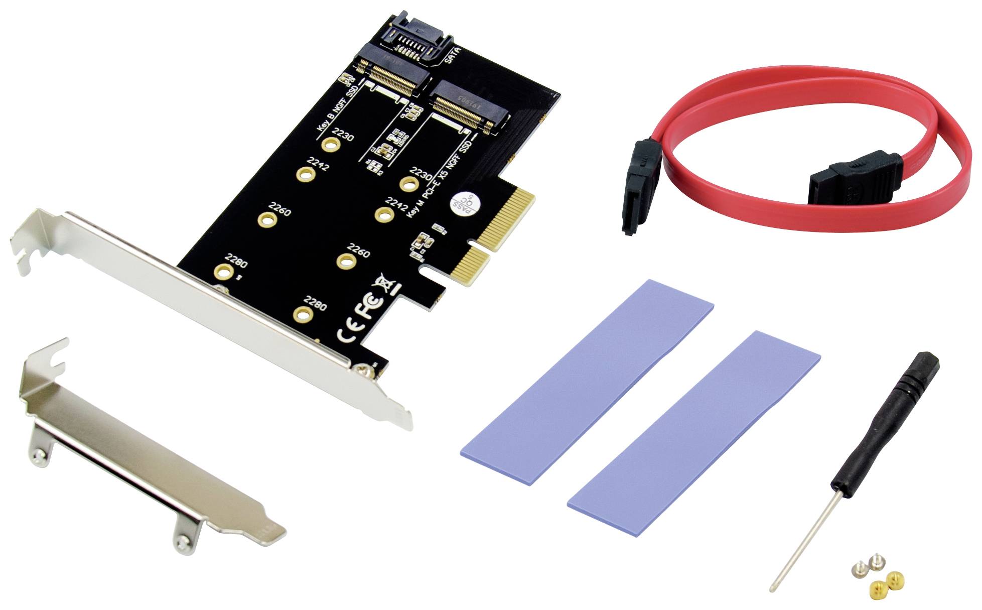 Adaptérová karta PCIe s M.2 SATA slotem, červený SATA kabel, dvě tepelné podložky, šroubovák, konzole a šrouby.