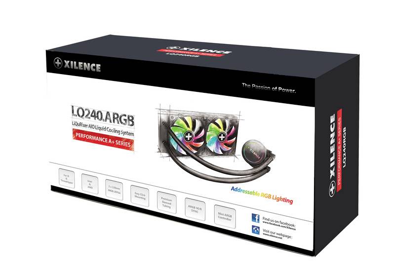 Obal 'Xilence LQ240.ARGB' zobrazuje kapalinový chladicí systém s RGB osvětlením pro počítač. Obsahuje logo a informace o produktu.