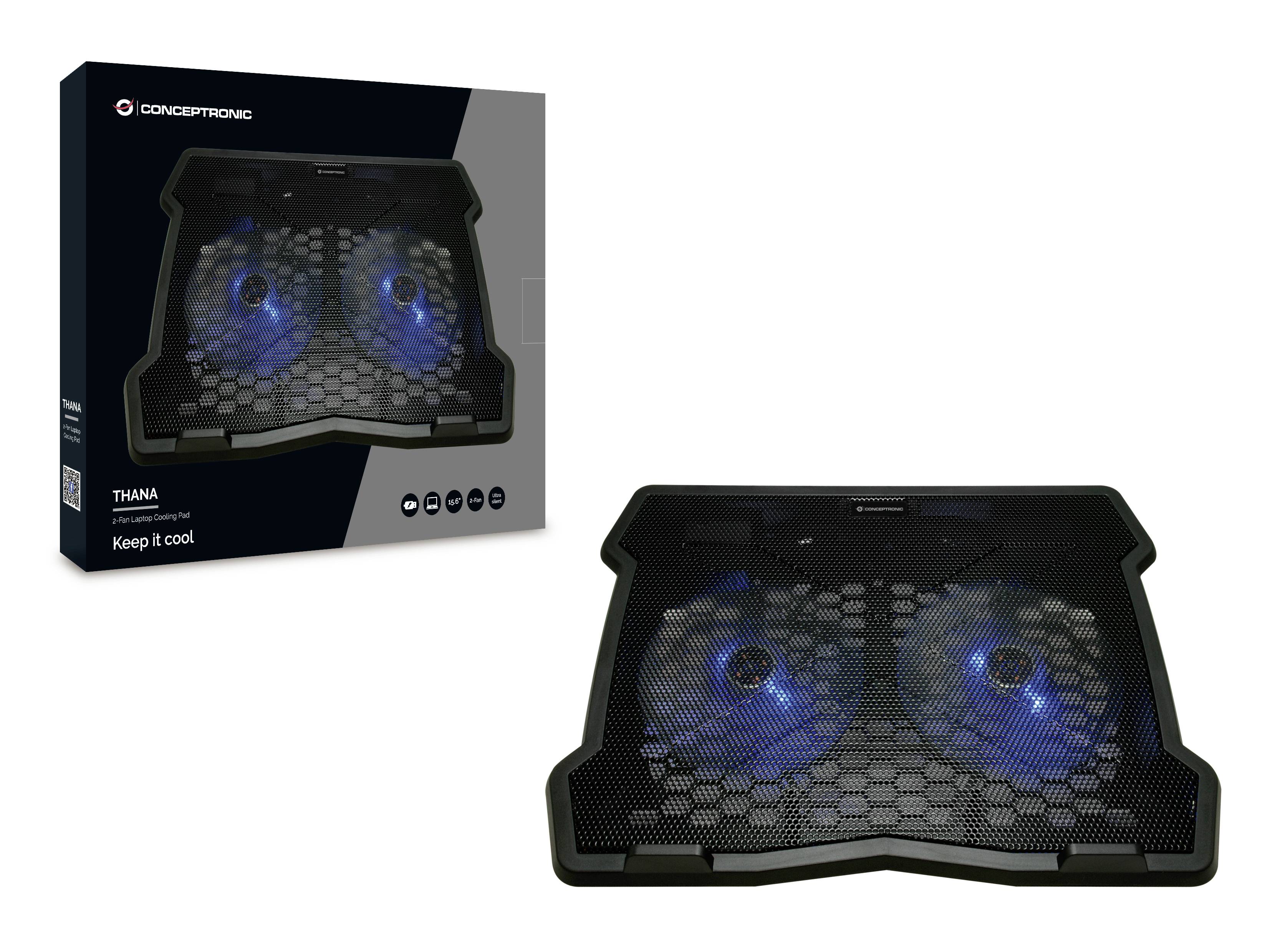 Chladič na notebook se dvěma modrými LED ventilátory. V pozadí obal s nápisem 'Keep it cool'.