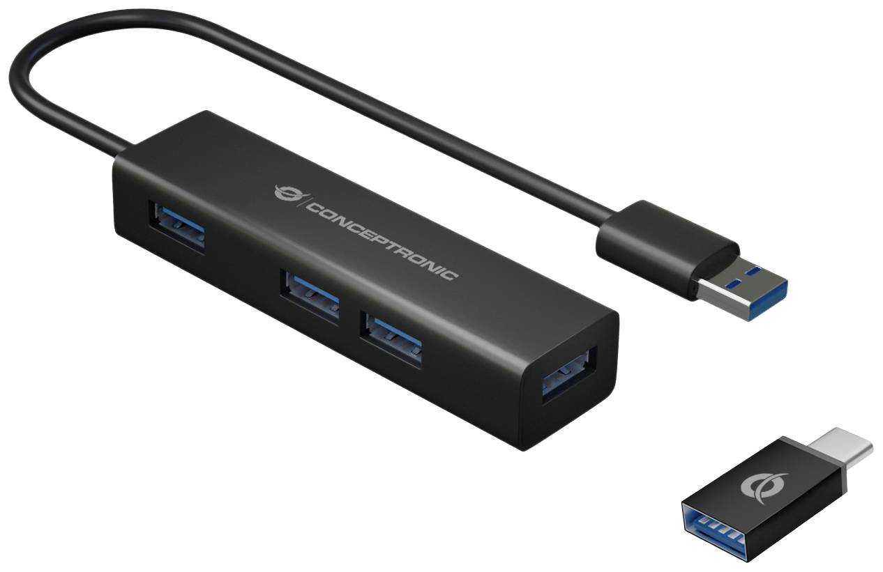 Černý USB hub se čtyřmi USB 3.0 porty a připojeným kabelem. Vedle něj menší samostatný USB-C adaptér.