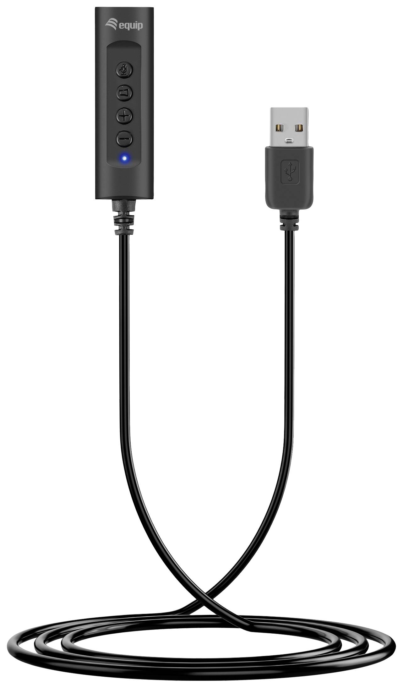 Černý USB kabel s ovládacími prvky na kabelu. Jsou viditelné indikační světla a tlačítka pro ovládání.