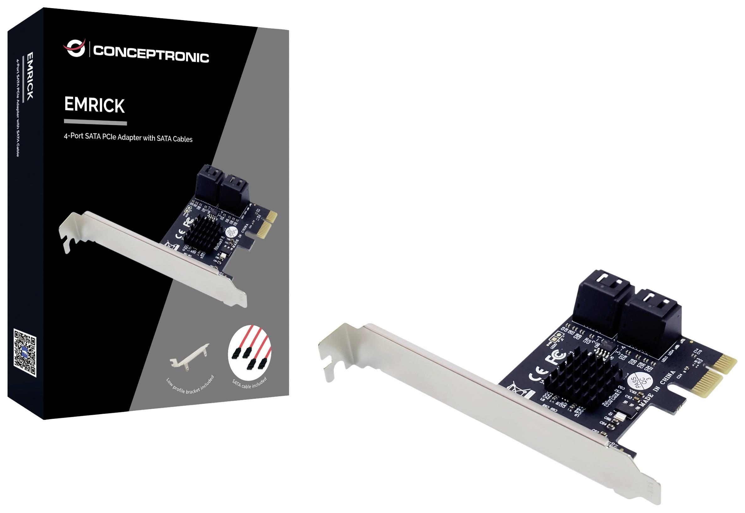 "CONCEPTRONIC EMRICK 4-portový SATA PCIe adaptér s SATA kabely" zobrazuje rozšiřující počítačovou kartu se čtyřmi SATA porty. Balení je umístěno vedle karty.