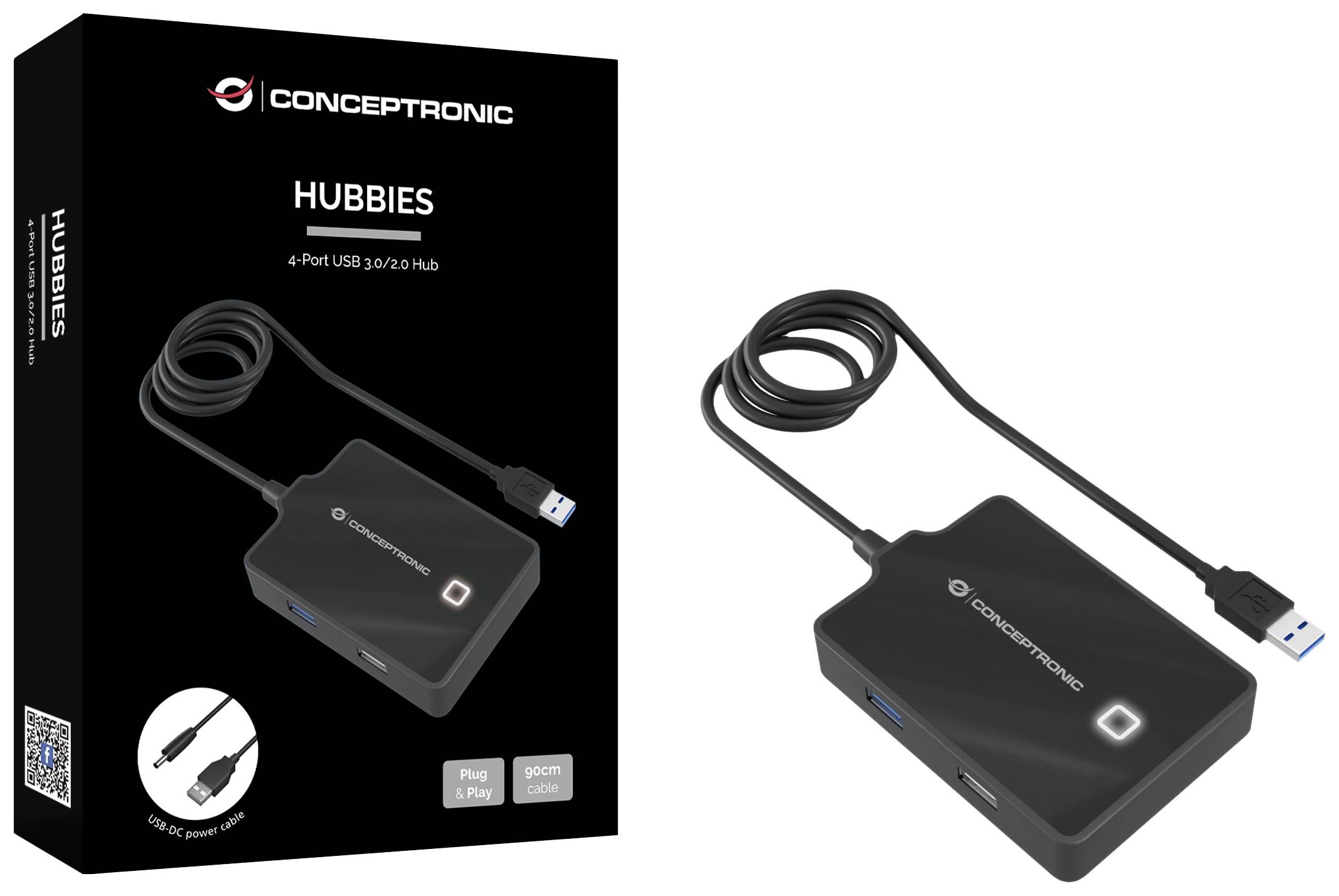 Černý USB hub se čtyřmi porty a připojeným kabelem. Obal zobrazuje obrázek produktu a značku 'Conceptronic'.