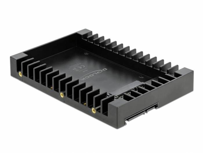 '2,5palcový box na pevný disk od Delocku, černý, s chladicími žebry pro odvod tepla. Kompaktní a robustní design.'