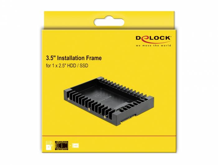 '3,5" instalační rámeček pro 1 x 2,5" HDD/SSD' balení. Zobrazuje černý rámeček. Značka s heslem 'pohybujeme světem'.