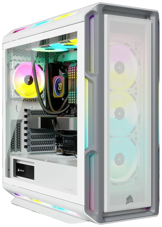 Bílý počítačový tower s viditelnými RGB ventilátory a průhledným bočním krytem odhaluje vnitřní komponenty.
