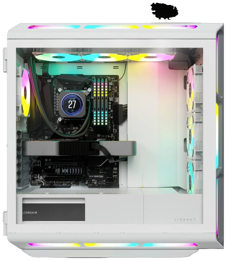 Bílá počítačová skříň s odhalenými vnitřními komponenty, včetně RGB podsvíceného ventilátoru a chladiče.